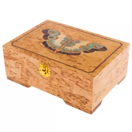 Шкатулка для украшений из карельской березы "Бабочка" бирюза