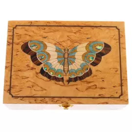 Шкатулка для украшений из карельской березы "Бабочка" бирюза
