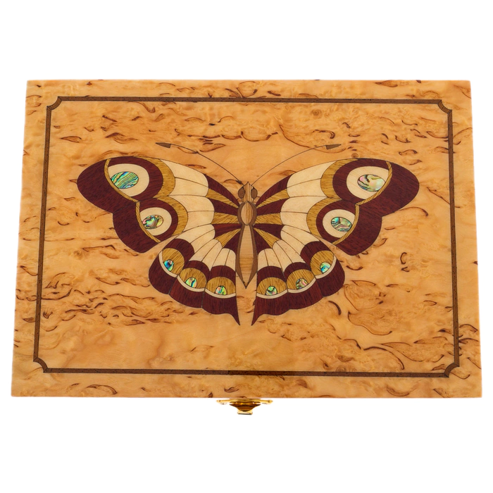 Karelian birch casket "Butterfly" burgundy