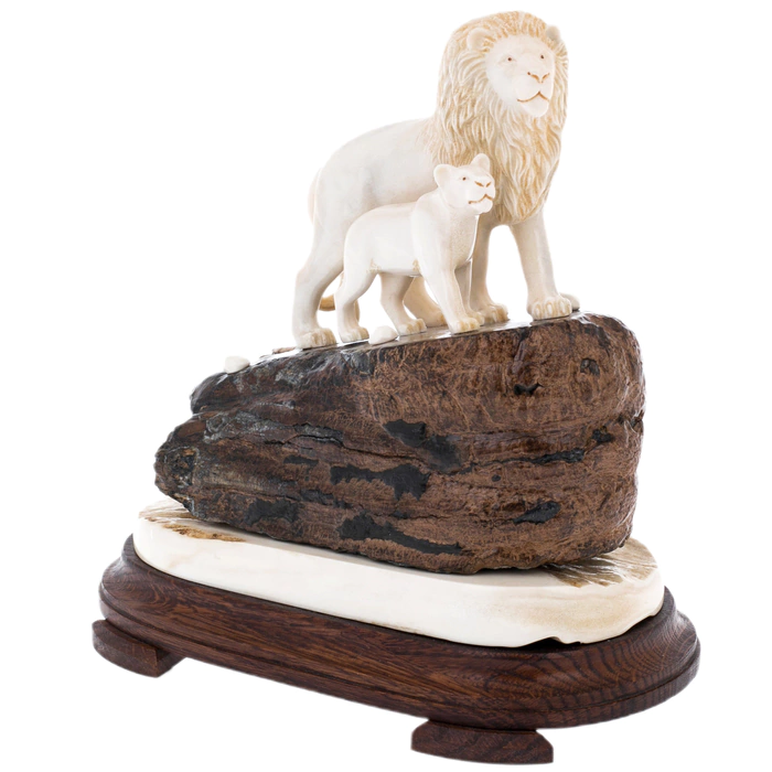 Sculpture of mammoth tooth, moose horn and mahogany "Lion and lioness on a rock"