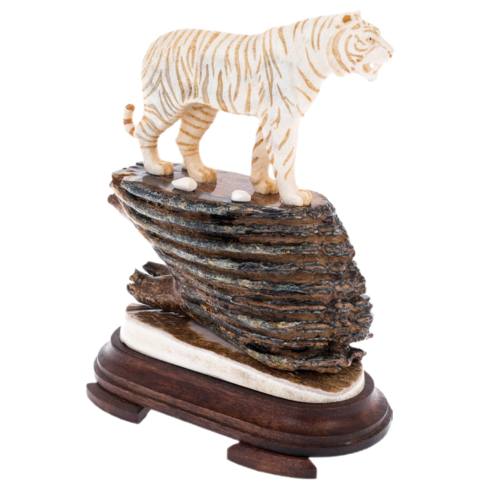 Sculpture of mammoth tooth, moose horn and mahogany Tiger