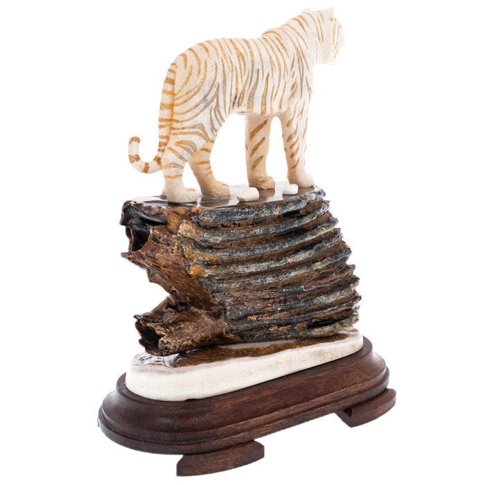 Sculpture of mammoth tooth, moose horn and mahogany Tiger