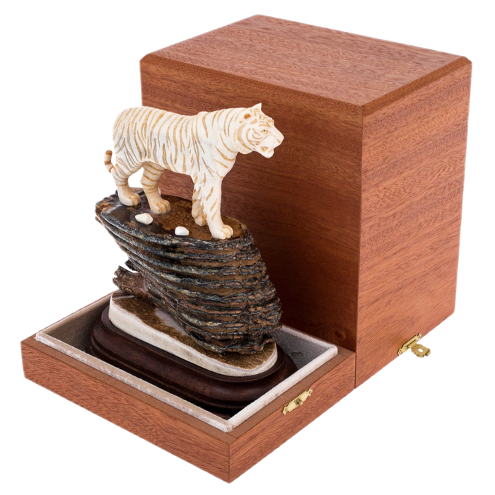 Sculpture of mammoth tooth, moose horn and mahogany Tiger