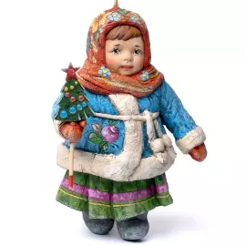 Коллекционная елочная ватная игрушка "Александра с елочкой" из коллекции "Русский север"