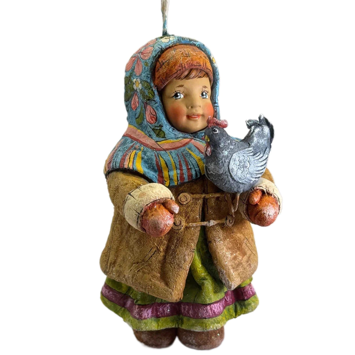 Collectible Christmas tree cotton toy "Anisya with a chicken" from the collection "Russian North"