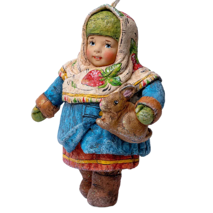 Коллекционная елочная ватная игрушка "Мирославушка с зайкой" из коллекции "Русский север"