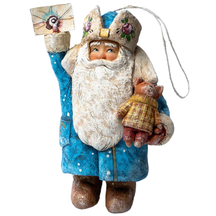Collectible Christmas tree cotton wool toy "Santa Claus with a letter and a toy" from the collection "New Year"