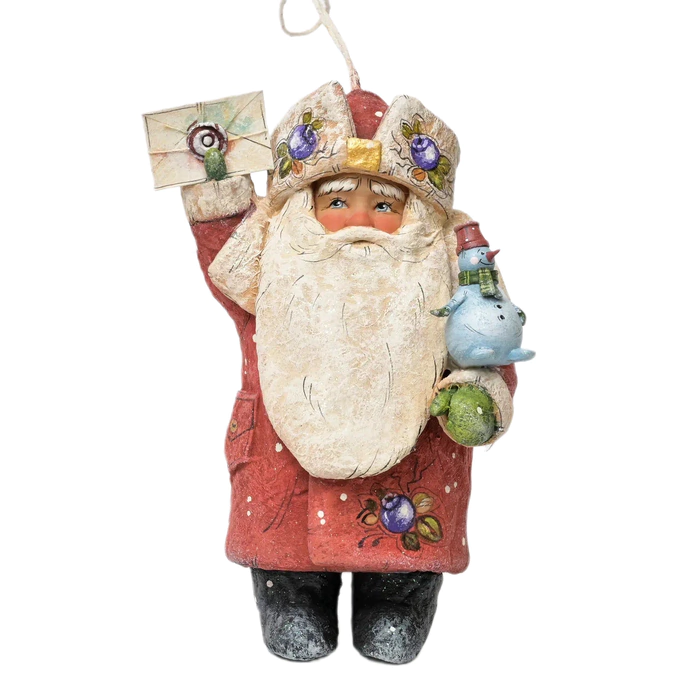 Collectible Christmas tree cotton wool toy "Santa Claus with a letter and a snowman" from the collection "New Year"