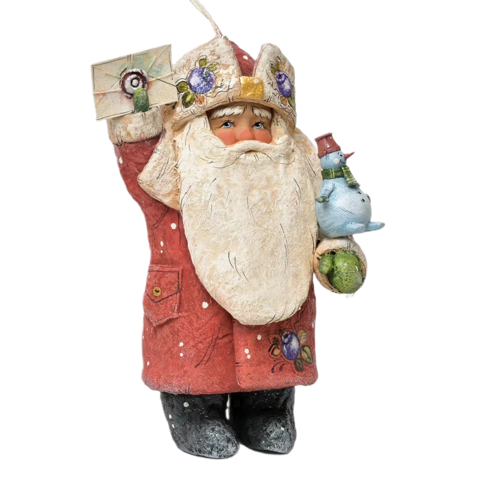 Collectible Christmas tree cotton wool toy "Santa Claus with a letter and a snowman" from the collection "New Year"
