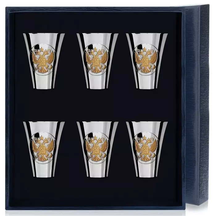 Набор рюмок для водки из серебра "Герб" с позолотой на 6 персон