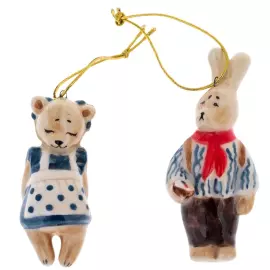 Набор елочных игрушек из фарфора "Ретро. Зайчик и Медведь" 2шт