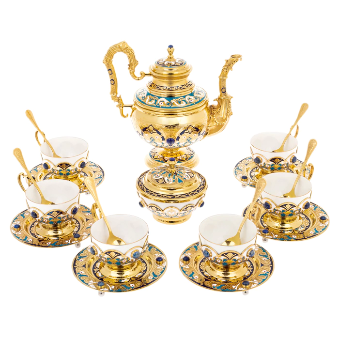 Tea set with Gzhel samovar with lapis lazuli, for 6 persons, Zlatoust
