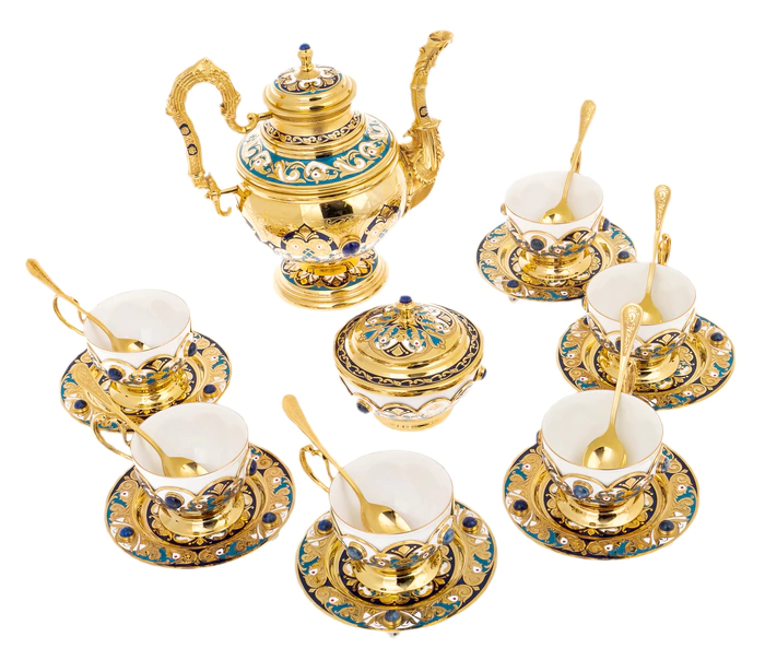 Tea set with Gzhel samovar with lapis lazuli, for 6 persons, Zlatoust