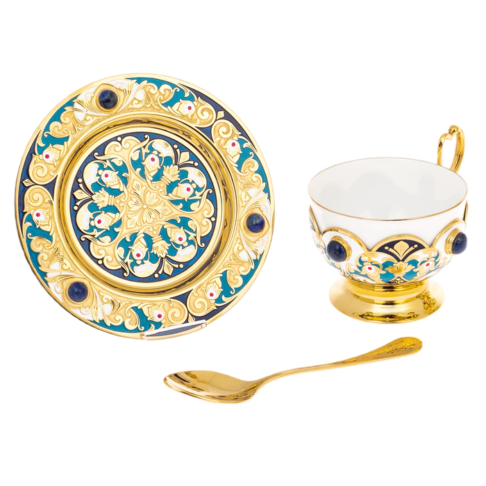 Tea set with Gzhel samovar with lapis lazuli, for 6 persons, Zlatoust