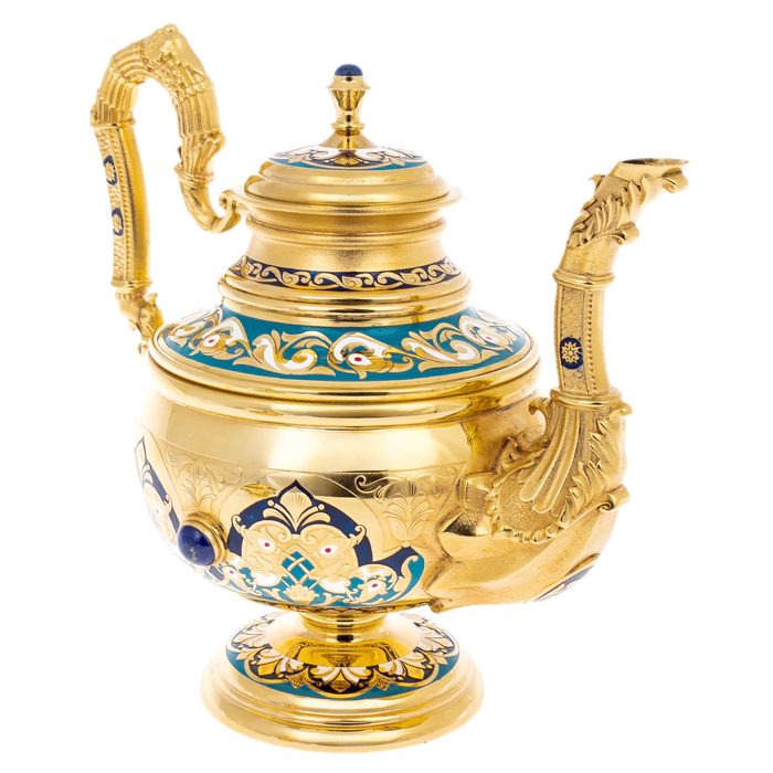 Tea set with Gzhel samovar with lapis lazuli, for 6 persons, Zlatoust