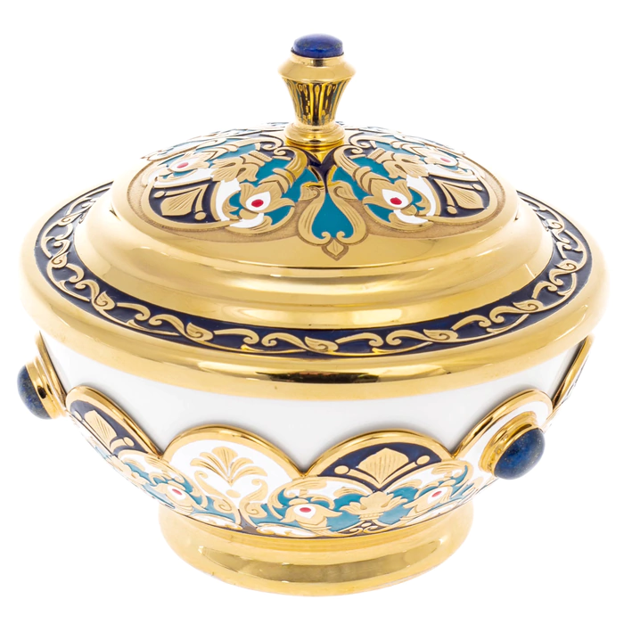 Tea set with Gzhel samovar with lapis lazuli, for 6 persons, Zlatoust