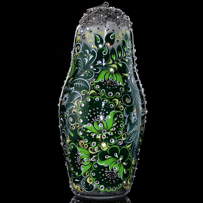 Nesting doll made of glass "Emerald inspiration" with Swarovski crystals, Khokhloma