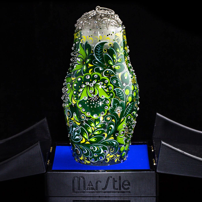 Nesting doll made of glass "Emerald inspiration" with Swarovski crystals, Khokhloma