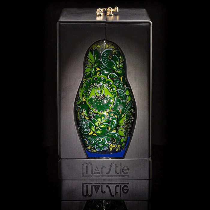Nesting doll made of glass "Emerald inspiration" with Swarovski crystals, Khokhloma