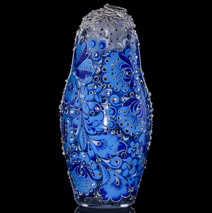 Matryoshka honey dish made of Heavenly Azure glass with Swarovski crystals, Khokhloma