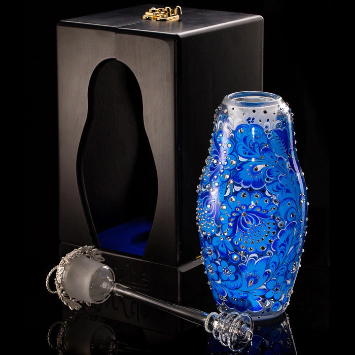 Matryoshka honey dish made of Heavenly Azure glass with Swarovski crystals, Khokhloma