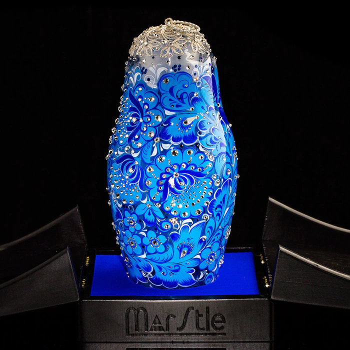 Matryoshka honey dish made of Heavenly Azure glass with Swarovski crystals, Khokhloma
