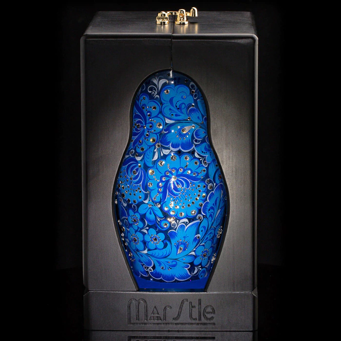 Matryoshka honey dish made of Heavenly Azure glass with Swarovski crystals, Khokhloma