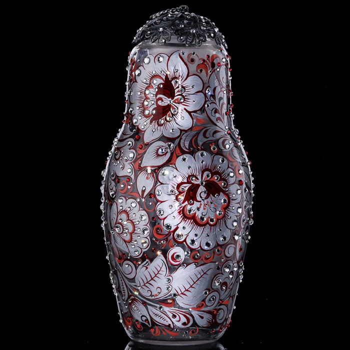 Matryoshka honey dish made of glass "Winter Cherry" with Swarovski crystals, Khokhloma