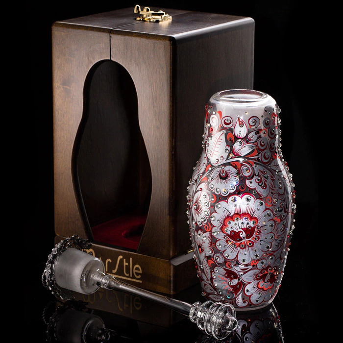Matryoshka honey dish made of glass "Winter Cherry" with Swarovski crystals, Khokhloma