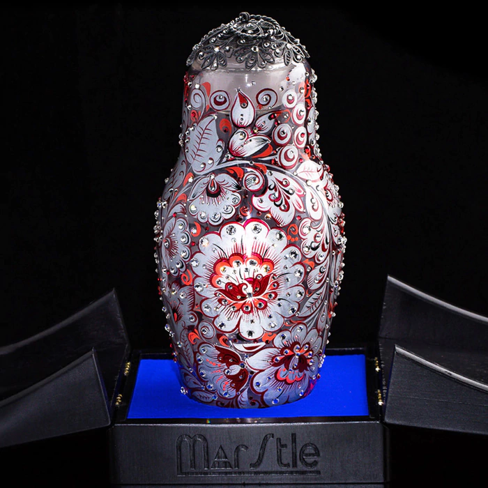 Matryoshka honey dish made of glass "Winter Cherry" with Swarovski crystals, Khokhloma
