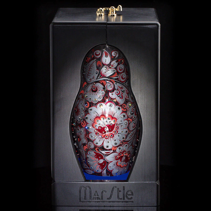 Matryoshka honey dish made of glass "Winter Cherry" with Swarovski crystals, Khokhloma