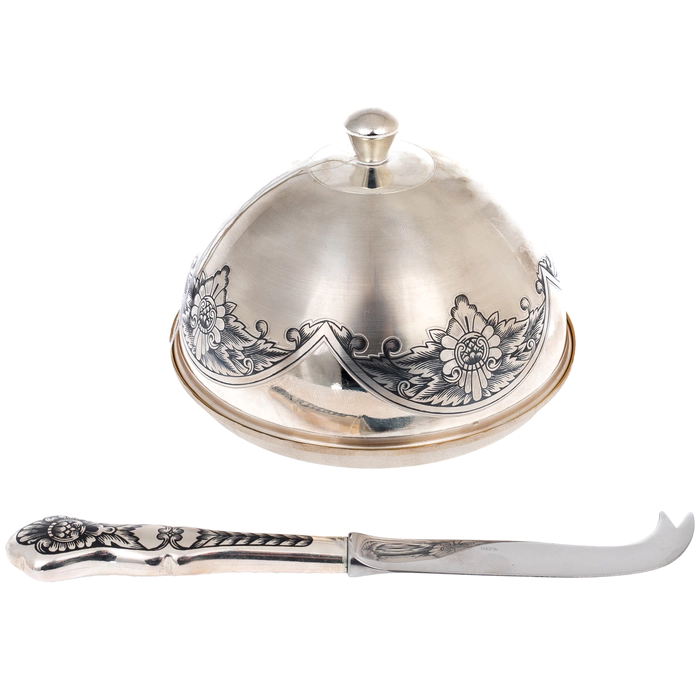 Silver cheese bowl with a knife "Rough drawing"
