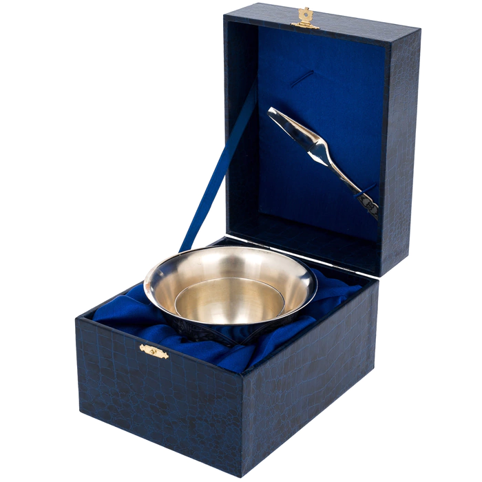 Silver caviar bowl with a spatula "Rough drawing"