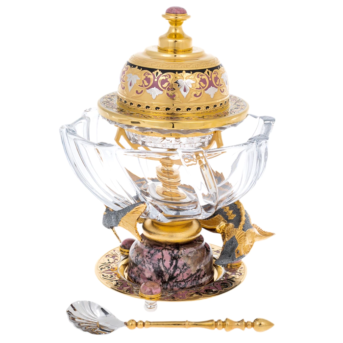 Poseidon caviar bowl on a rhodonite stand, Zlatoust