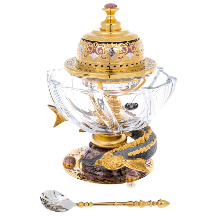 Poseidon caviar bowl on a rhodonite stand, Zlatoust
