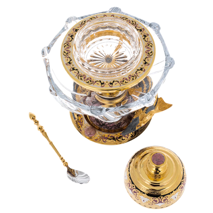 Poseidon caviar bowl on a rhodonite stand, Zlatoust