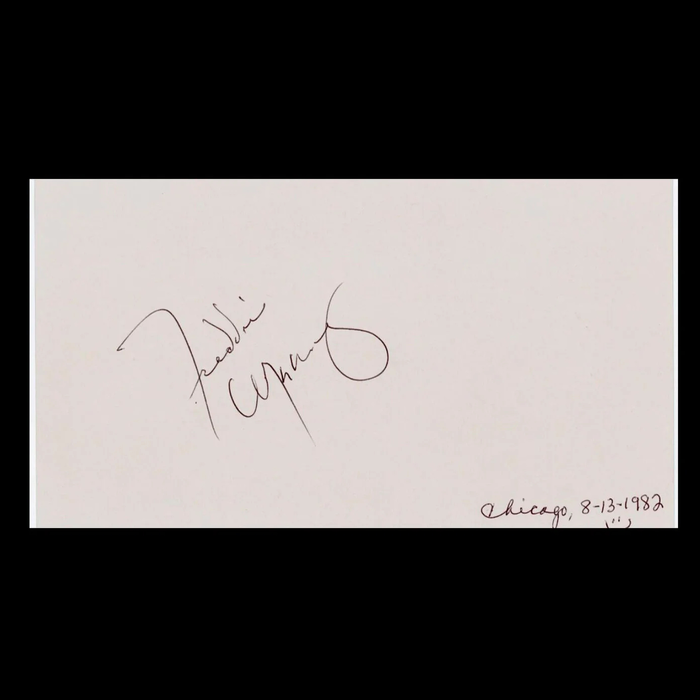 An autographed card of a member of the rock band Queen: Freddie Mercury