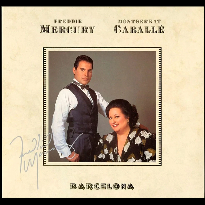 The record "Barcelona" with the autograph of a member of the rock band Queen: Freddie Mercury