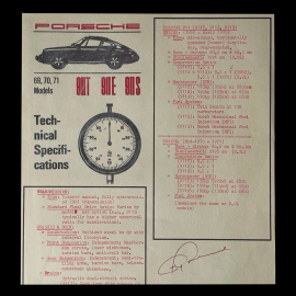 Лист технических показателей Порше 911 с автографом автоконструктора и инженера Фердинанда Порше