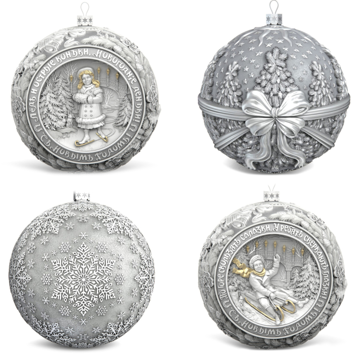Набор серебряных елочных шаров "Зимние забавы" 4 шт