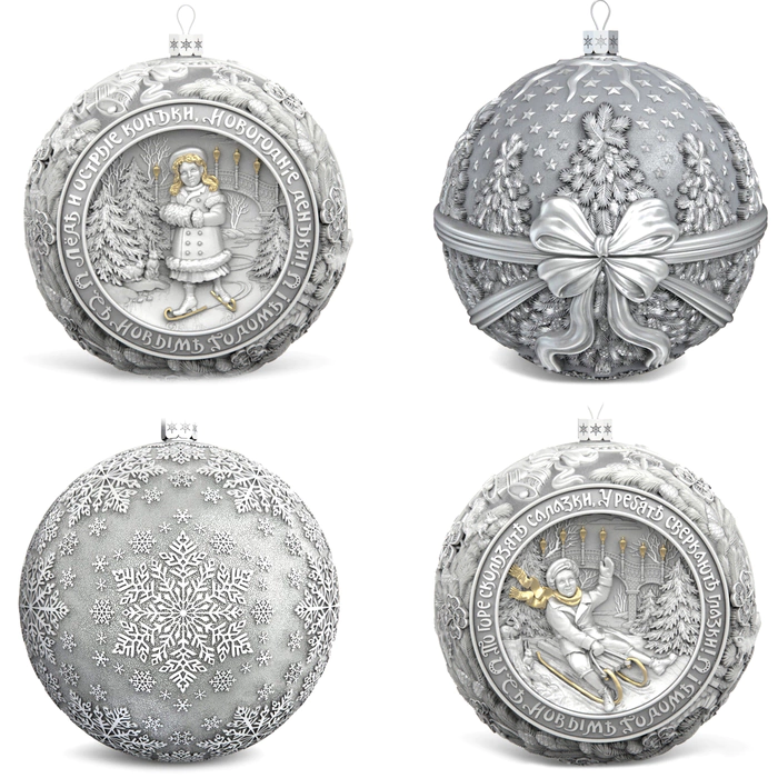 Set of silver Christmas tree balls "Winter fun" 4 pcs