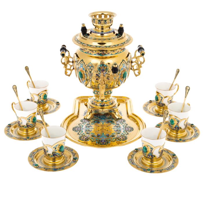 Чайный набор с самоваром "Русское застолье" на 6 персон, с малахитом, Златоуст