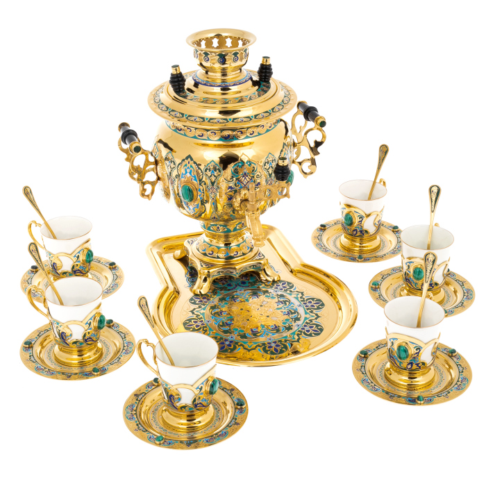 Чайный набор с самоваром "Русское застолье" на 6 персон, с малахитом, Златоуст