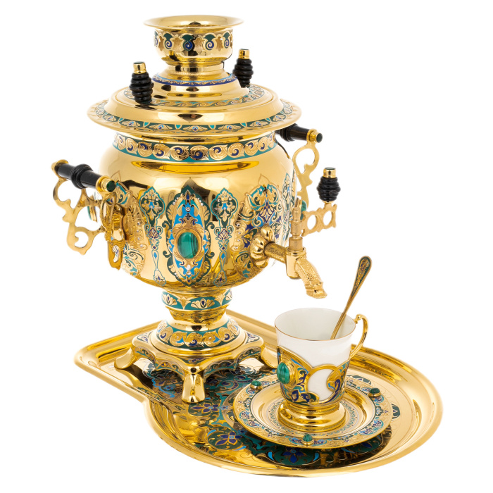 Чайный набор с самоваром "Русское застолье" на 6 персон, с малахитом, Златоуст