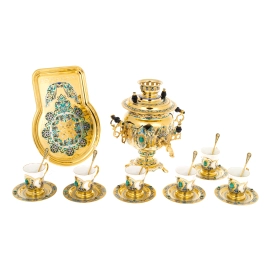 Чайный набор с самоваром "Русское застолье" на 6 персон, с малахитом, Златоуст