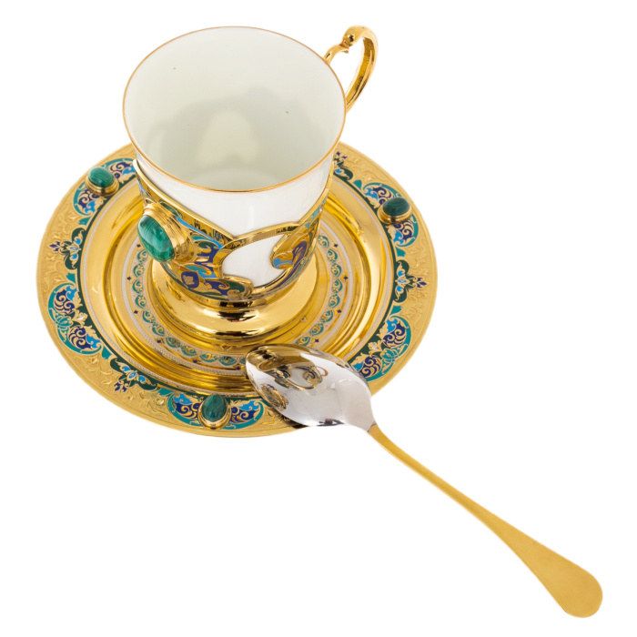 Чайный набор с самоваром "Русское застолье" на 6 персон, с малахитом, Златоуст