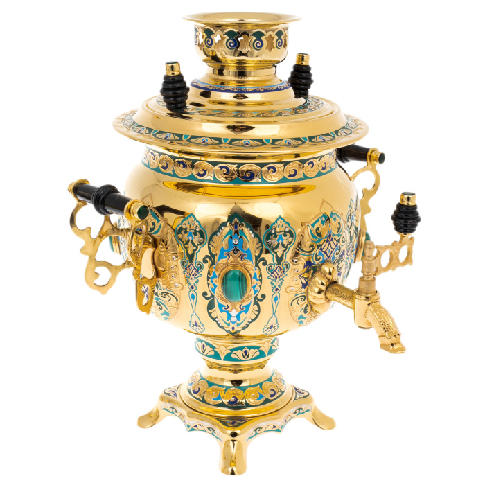 Чайный набор с самоваром "Русское застолье" на 6 персон, с малахитом, Златоуст