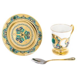 Чайный набор с самоваром "Русское застолье" на 6 персон, с малахитом, Златоуст