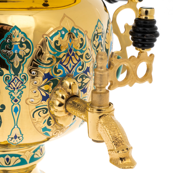 Чайный набор с самоваром "Русское застолье" на 6 персон, с малахитом, Златоуст