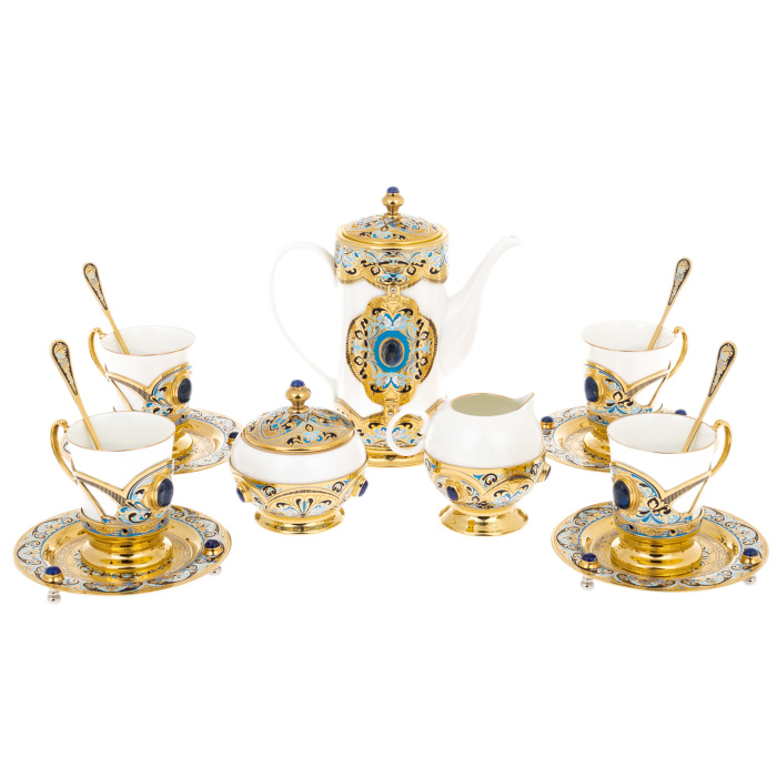 Кофейный сервиз "Грация" с лазуритом, на 4 персоны, 15 предметов, Златоуст